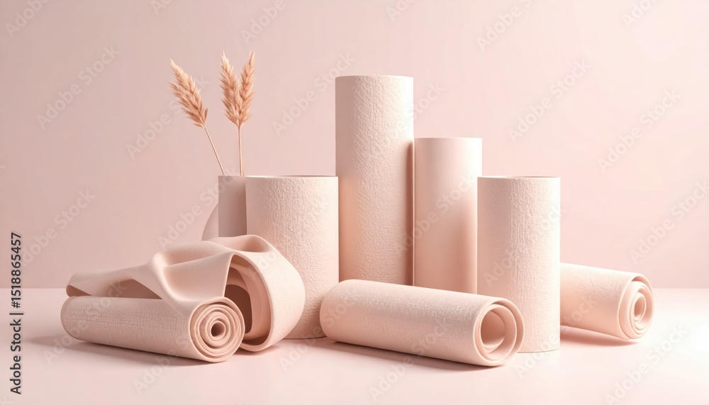 Poster abstract composition of rolled burlap fabric rolls in soft pink hues with textured surface and minim