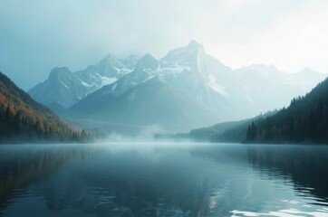 Majestic mountain landscape at dawn tranquil lake reflection ethereal viewpoint nature