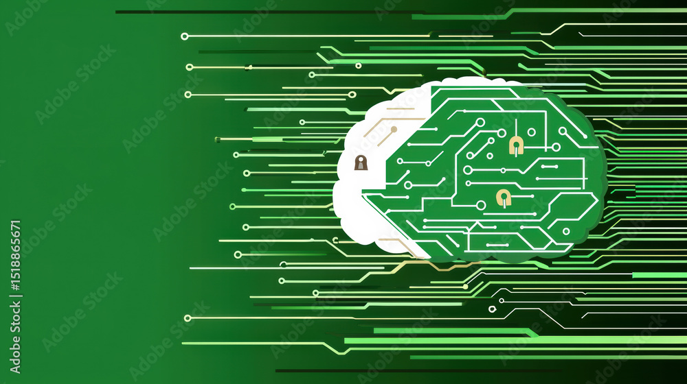 Poster an abstract futuristic representation of a human brain made up of digital circuits microchips and te