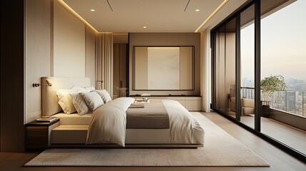 A modern bedroom with a large bed, sliding glass doors, and a balcony overlooking a cityscape view