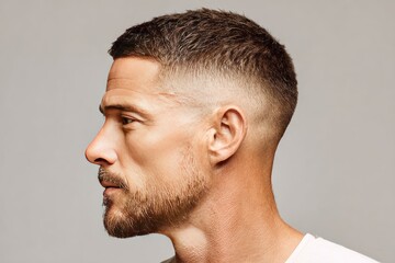 Obraz premium Close-up profile view of a man's face and trimmed hairstyle.