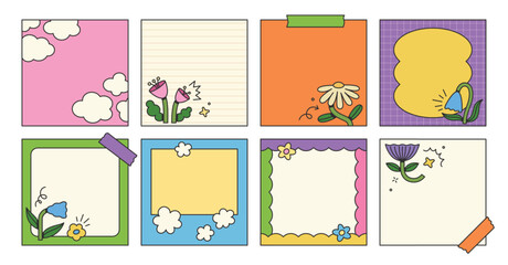 Post templates with stylized floral elements and sticker notes. Groovy flat design, colorful posters. Rewilding retro design.