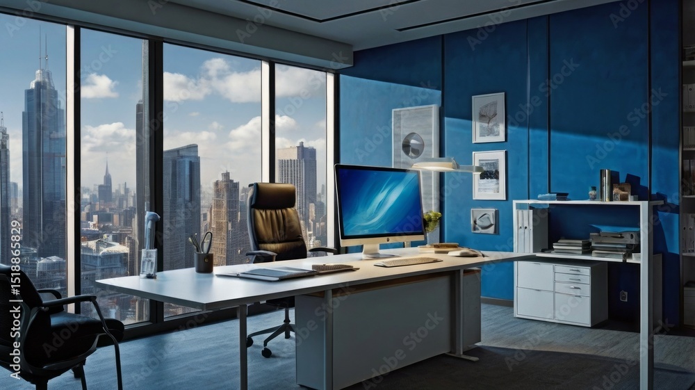 Poster modern office showcases a sleek desk setup with a captivating cityscape view through large windows.