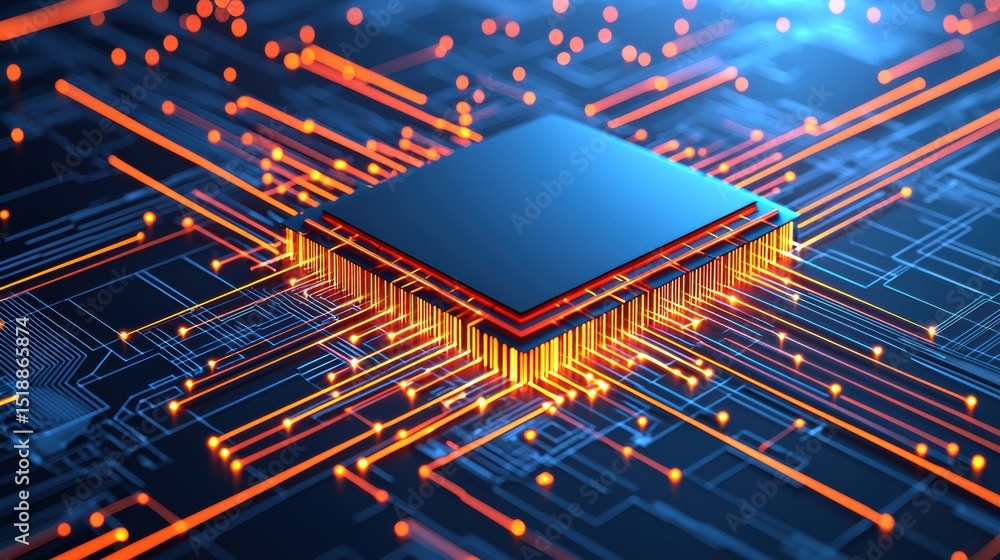 Aufkleber an abstract futuristic image depicting an intricate interconnected technological circuit board glowi