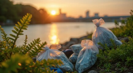 Riverbank cleanup event collecting plastic bags in vibrant urban landscape at sunset