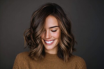 Fototapeta premium Woman with a joyful expression and styled brown hair.