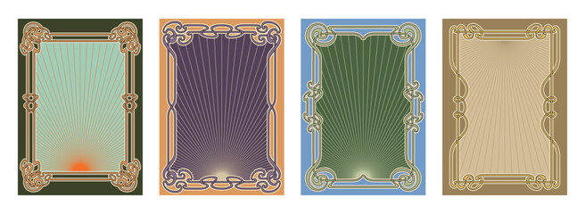 Set of four ornate Art Nouveau vintage frames with sunburst patterns, elegant floral curves, and retro color schemes. Ideal for posters, invitations, or packaging