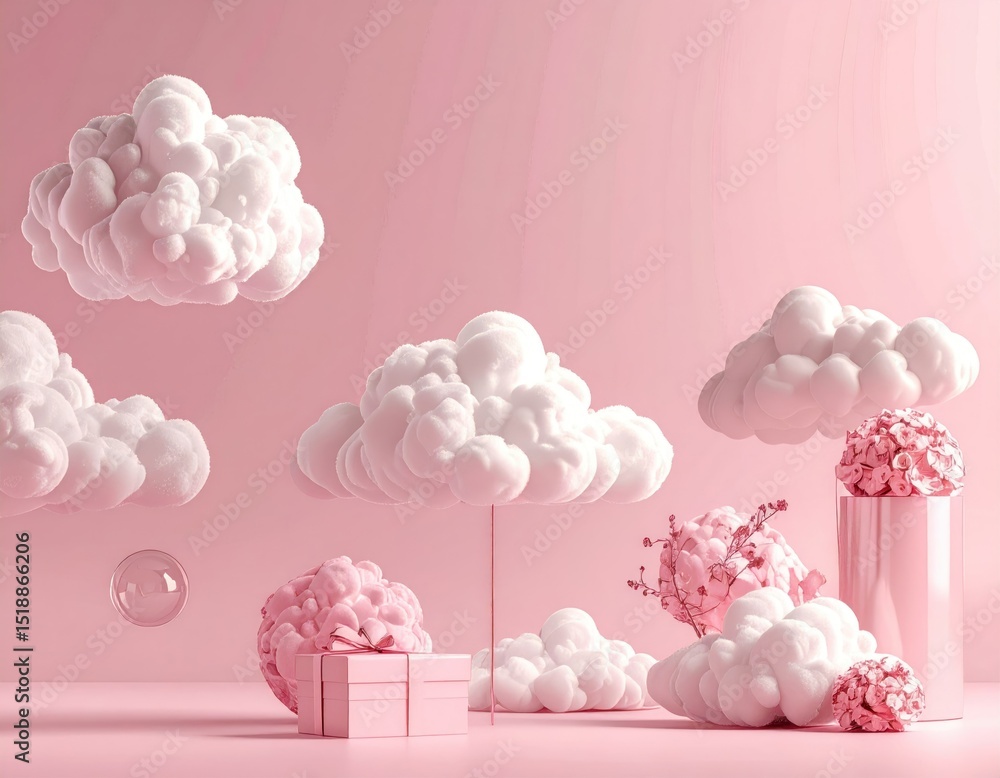 Poster abstract pink cloud formations floating against pastel background with soft vapor shapes and atmosph