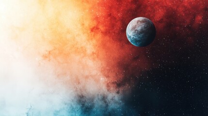 A vivid and dramatic cosmic sky scene featuring a stunning alignment of planets against a backdrop of swirling nebulae and glowing celestial bodies