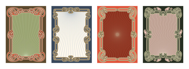 Collection of four vintage Art Nouveau frames with radiant sunburst backgrounds, decorative floral borders, and retro color tones. Perfect for labels, cards, or prints.