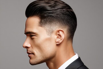 Fototapeta premium Close up profile view of a man with a modern hairstyle.