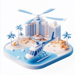 Abstract 3D rendering of a helicopter flying over a scenic beach with urban architecture in the background, precise isometric flat design,symbolizing travel, leisure, and technological innovation