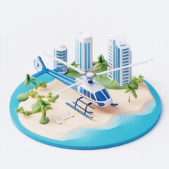 Abstract 3D rendering of a helicopter flying over a scenic beach with urban architecture in the background, precise isometric flat design,symbolizing travel, leisure, and technological innovation