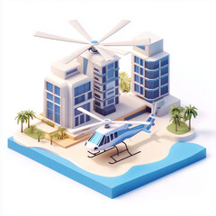 Abstract 3D rendering of a helicopter flying over a scenic beach with urban architecture in the background, precise isometric flat design,symbolizing travel, leisure, and technological innovation