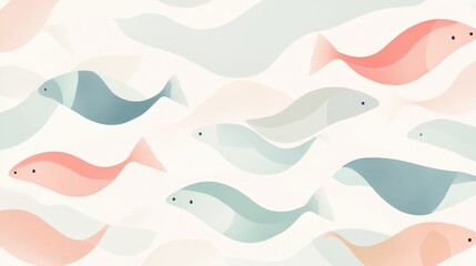 Obraz premium 26.A clean, minimalist collection of fish icons arranged in a pattern, with gentle waves flowing beneath each icon, creating a calming, marine-inspired design in soft pastel tones.