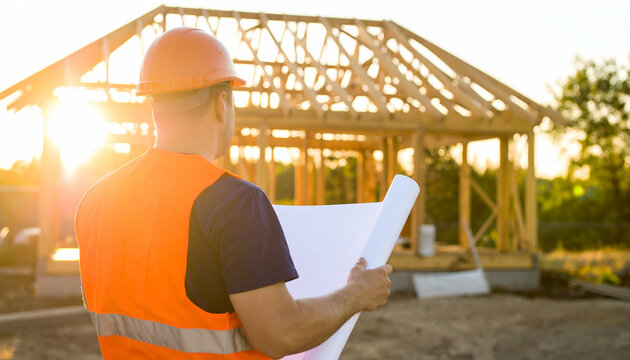 Construction Worker Reviewing Blueprint at Sunset