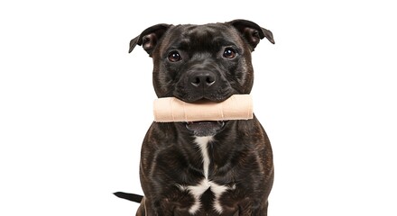 Naklejka premium Black dog with bone toy studio shot