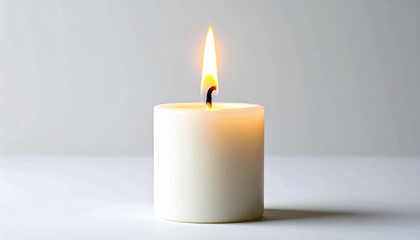 Close-up of a Burning Candle with a Yellow Flame and Melting Wax on a White Background