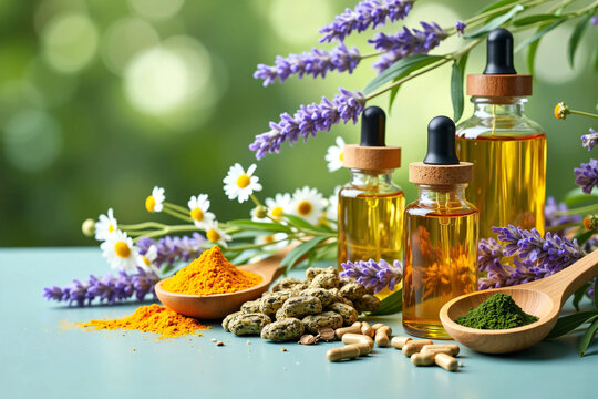Herbal Supplements, Colorful Capsules, Essential Oils, Healing Flowers, and Natural Powders Like Turmeric and Spirulina Arranged with Fresh Botanicals on a Clean Pastel Background