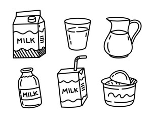 Set of milk vector illustrations with doodle style on a white background