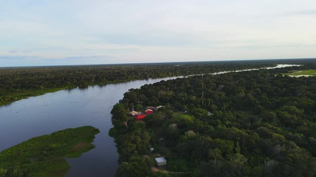 Aerial View of Porto Jofre Village by the Cuiaba River in the Pantanal Wetlands, Brazil