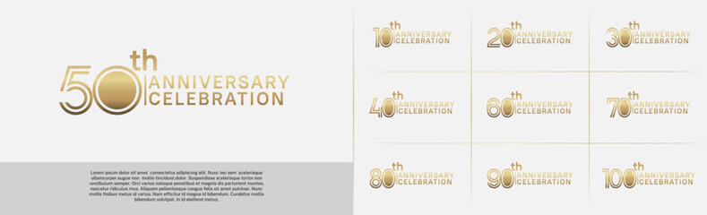 Anniversary logo type set with double line number. golden color for celebration event