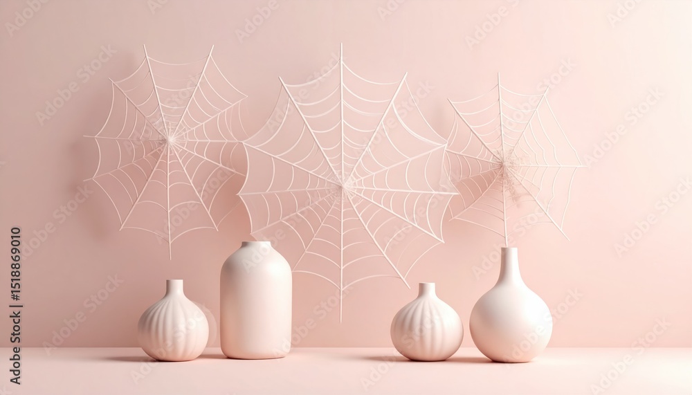 Poster delicate white spiderweb patterns and soft pink vases on matching pink background