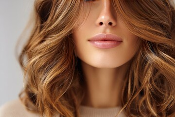 Naklejka premium Close-up view of a woman's face and wavy auburn hair.