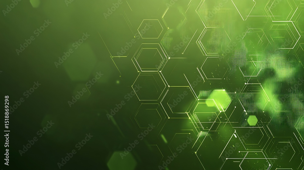 Poster abstract design with green hexagons and lines.