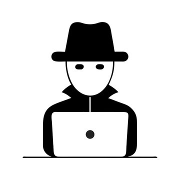 Funny 3D cartoon illusionist with a top hat and mustache performs magic on a laptop, a business character in a whimsical show computer hacker silhouette vector icon on white background