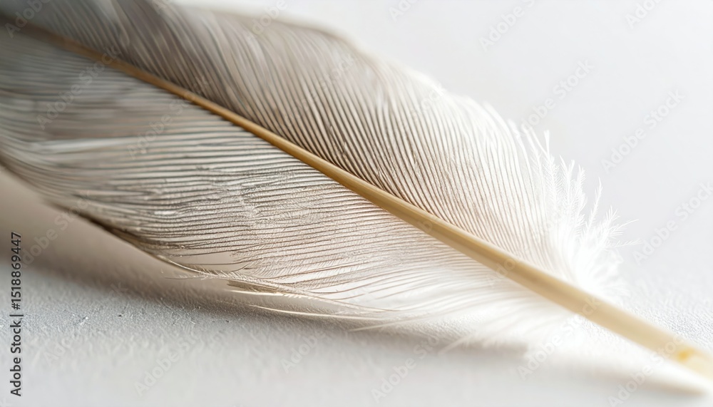 Poster detailed macro of feather showing individual barbs and iridescent textures against soft light backgr