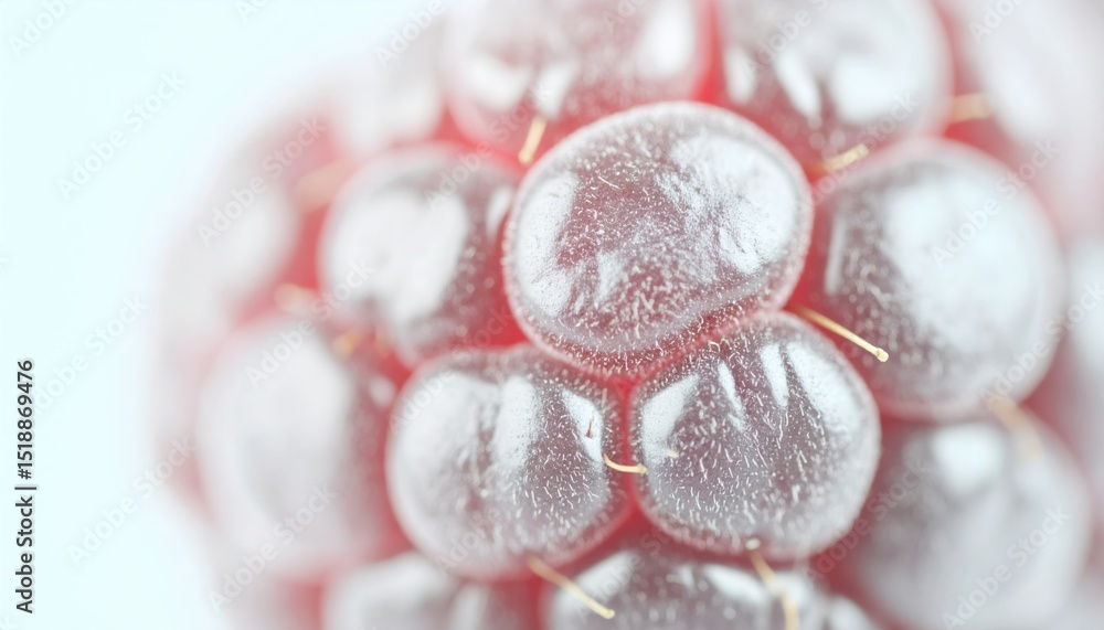 Poster detailed macro photograph of a raspberry surface displaying tiny hairs and vivid red textures in sha