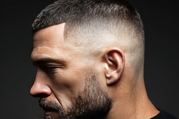 Obraz premium Close-up profile view of a man with a short haircut and beard.