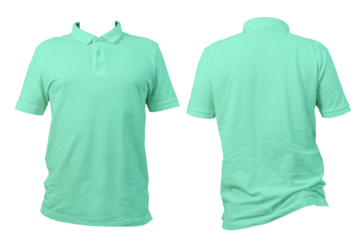 Mint green polo shirt front and back view isolated on white background for clothing mockup and design template
