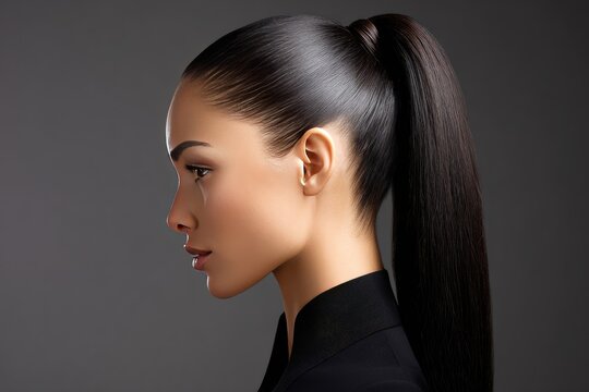 Side profile of a woman with long, sleek hair in a high ponytail.