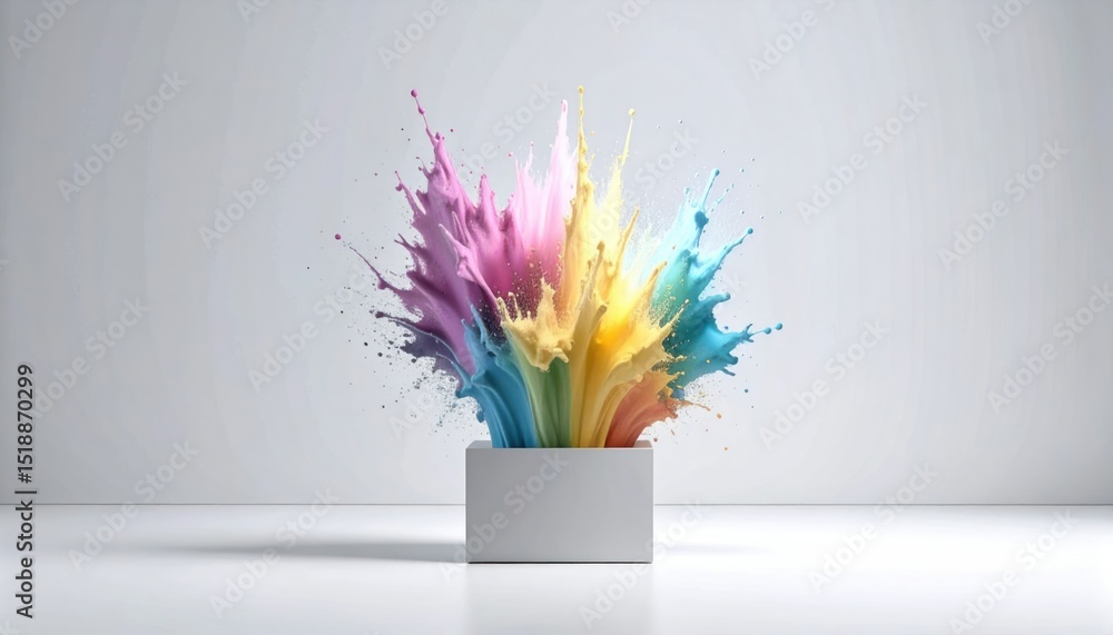 Aufkleber Explosive Rainbow Paint Splash Erupting From Gray Box on White Background Creating Dynamic Controlled Chaos