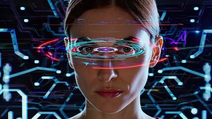 Futuristic interface interaction with holographic technology in a digital matrix environment - Powered by Adobe