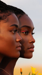 Black Women Exchanging Flowers to Symbolize Unity and Heritage With Gentle Backlighting in a Minimalist Setting