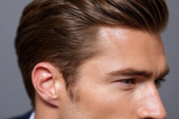 Obraz premium Close-up view of a man's face and hair.