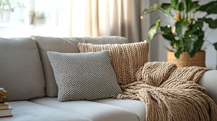 Closeup of couch with knitted pillows and blanket near a potted plant in a living room setting