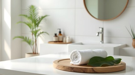 Fototapeta premium Luxurious contemporary bathroom interior with a modern sink, mirror, and elegant decor