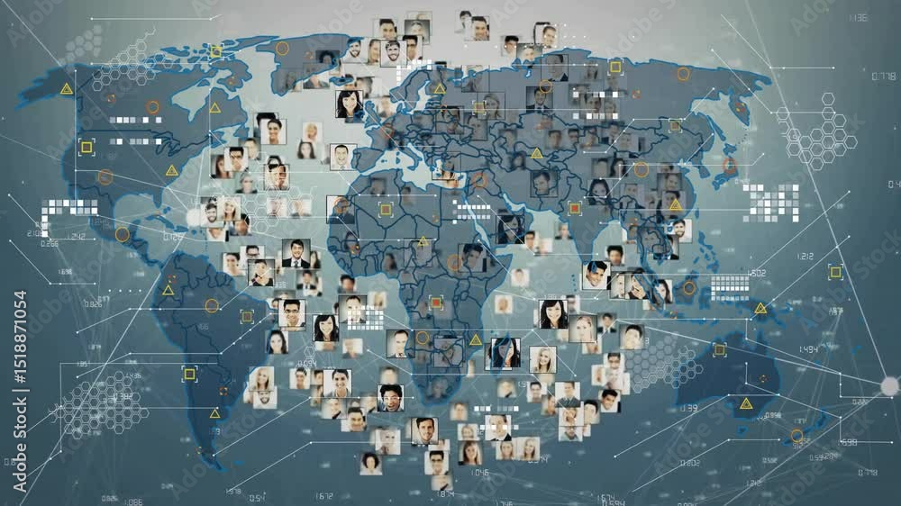 Poster appearing sphere flattening and rotating over map, dispersing icons and linking for digital network