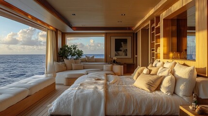 Bedroom interior with ocean view featuring a large bed and seating area in a modern design style
