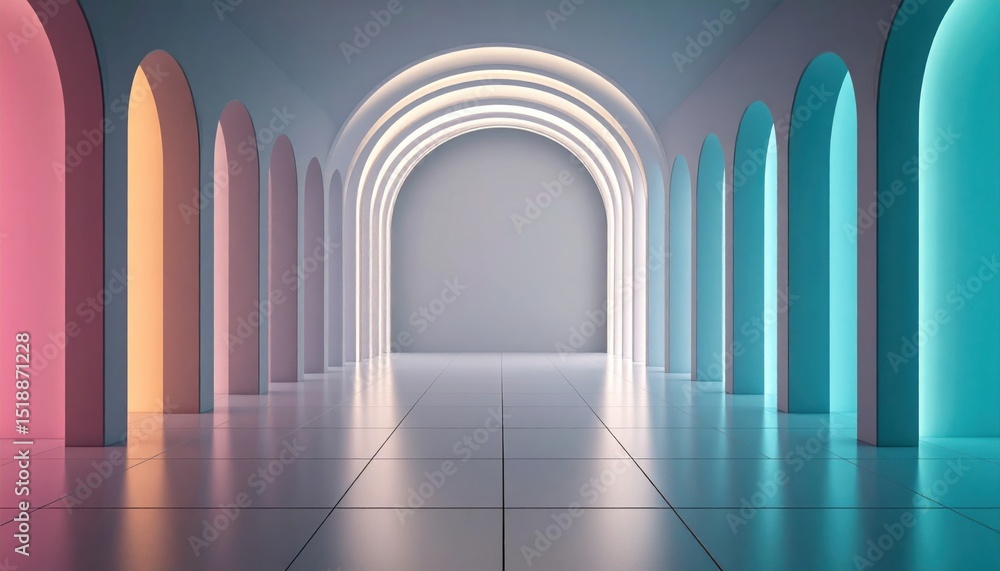 Aufkleber geometric arched corridor with gradient lighting and holographic depth in retro-dimensional design