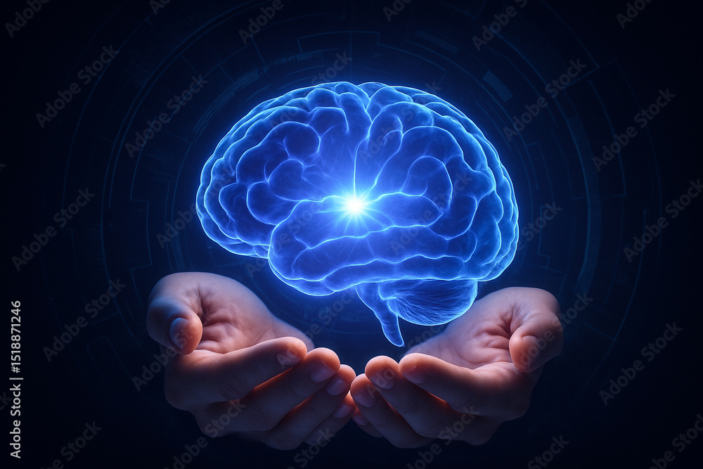 Aufkleber ai generated glowing brain in hands with futuristic digital elements and radiant light representing 