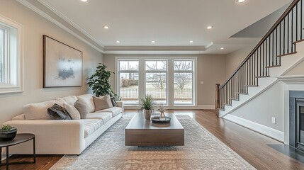 Bright living room with white sofa, large windows, staircase, and modern decor in a stylish home