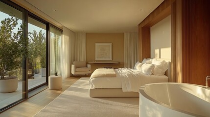 A bright bedroom with a large window, a bed, a chair, and a bathtub in a modern and minimalist design