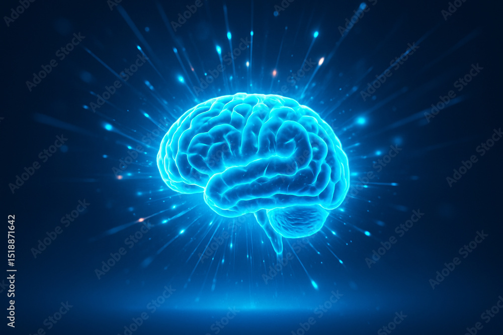 Aufkleber ai generated glowing brain in center with energy beams bursting outward symbolizing intelligence exp
