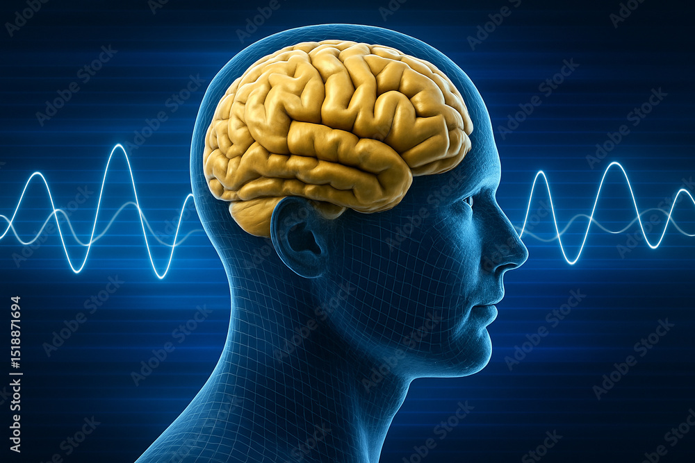 Poster ai generated concept of a golden human brain inside a wireframe 3d head profile with white brainwave