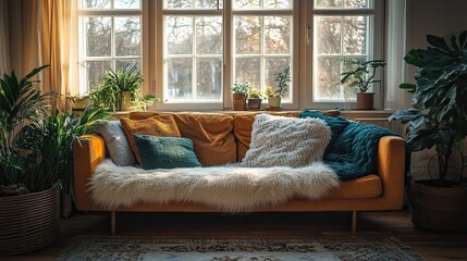 A cozy living room featuring a mustard sofa with pillows and plants near a bright window space indoors